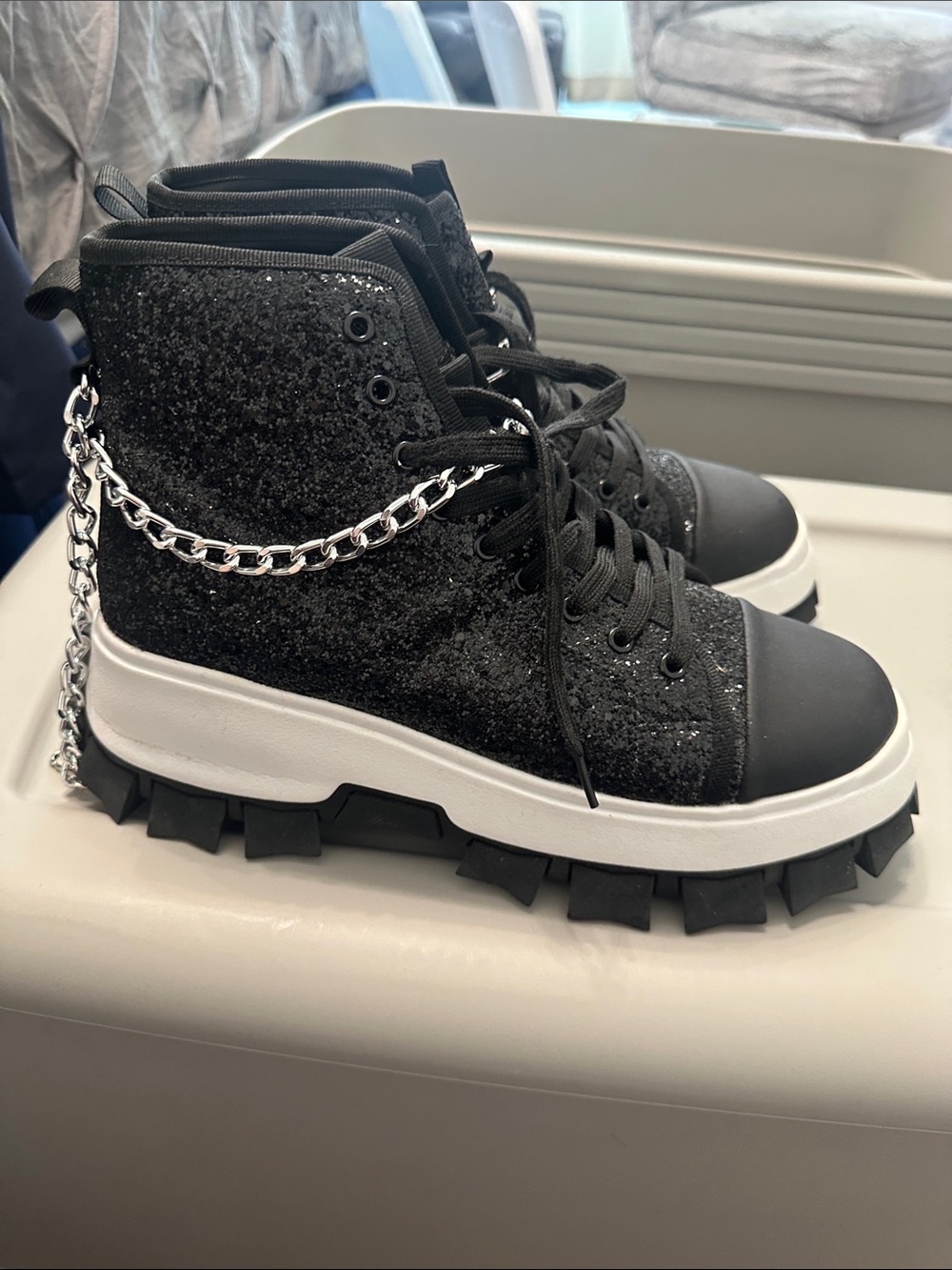 ASOS Black Glitter Platform Chain Combat Boots